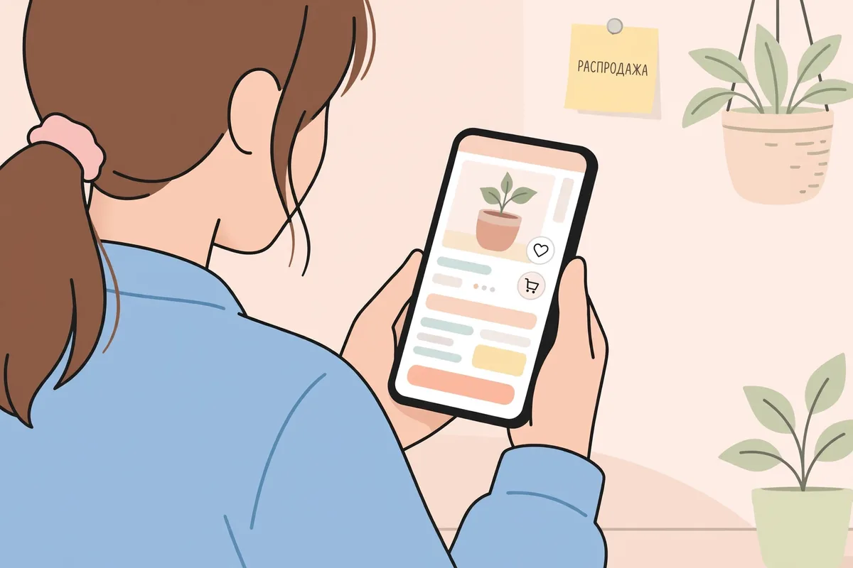 Покупательница просматривает карточку товара на телефоне